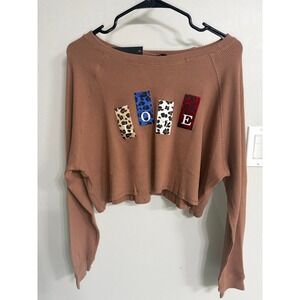 Akaiv Rust Waffle Knit Cropped Thermal Top LOVE Leopard Print Patchwork Large